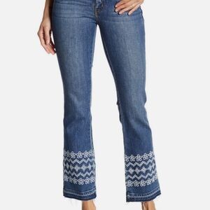 Derek Lam Blue Flare Jeans with White Embroidery
